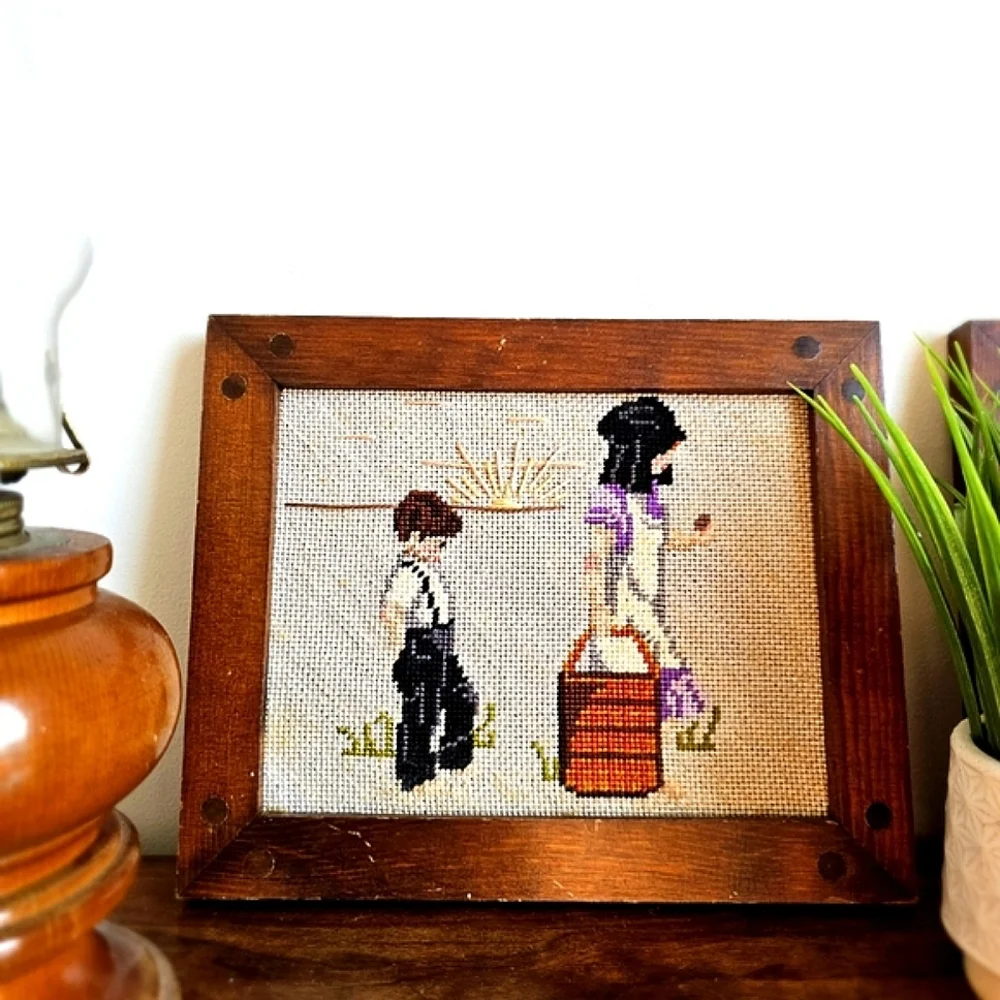 Vintage Needlework c1950 Amish Midcentury Embroidery Wood Frames Country Decor